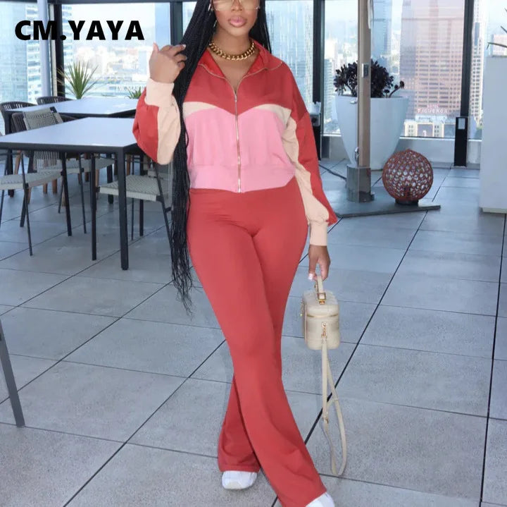 Women's Colour-Block Zip Sweatshirt & Wide-Leg Pants Set