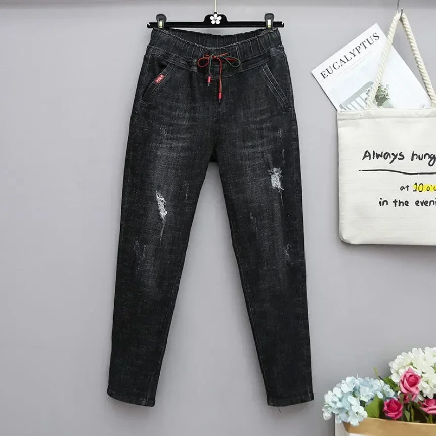 Women's Plus-Size Elastic-Waist Ripped Jeans — product view