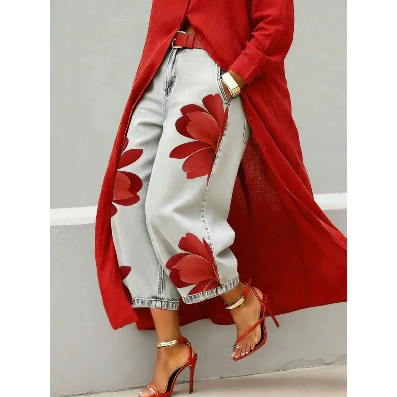 Women's Printed High-Waist Wide-Leg Jeans — product view