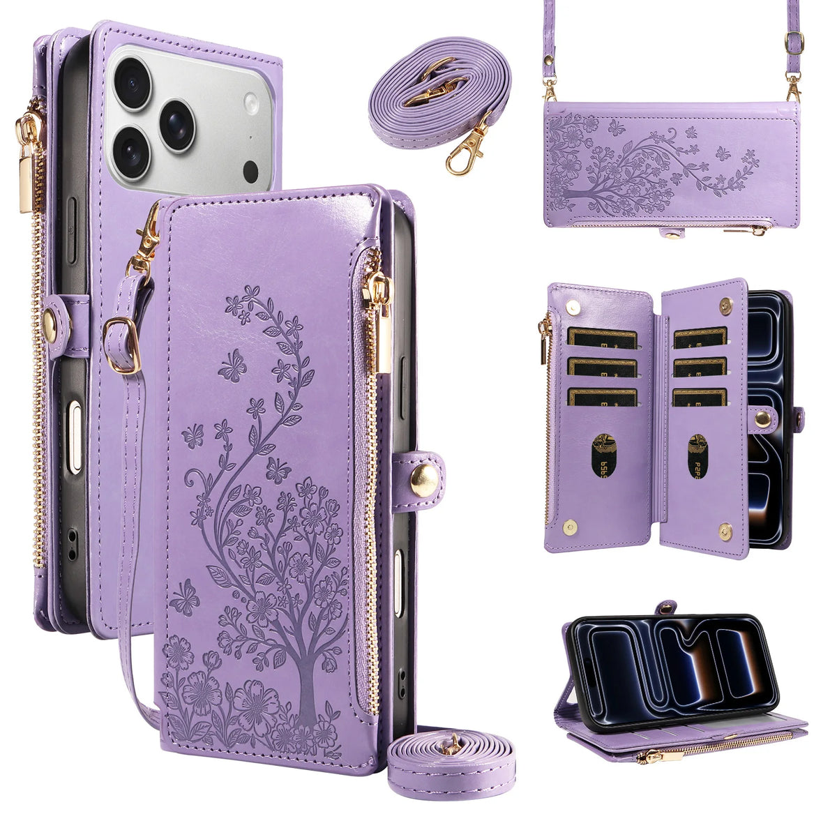 Floral Embossed Crossbody Zipper Wallet Phone Case for iPhone 11, iPhone 12 Pro Max, iPhone 11 Pro Max, iPhone 11 Pro, iPhone XS Max, iPhone XS, iPhone SE (2022), iPhone XR, iPhone 8 Plus, iPhone 8, iPhone 18 Pro & More Models