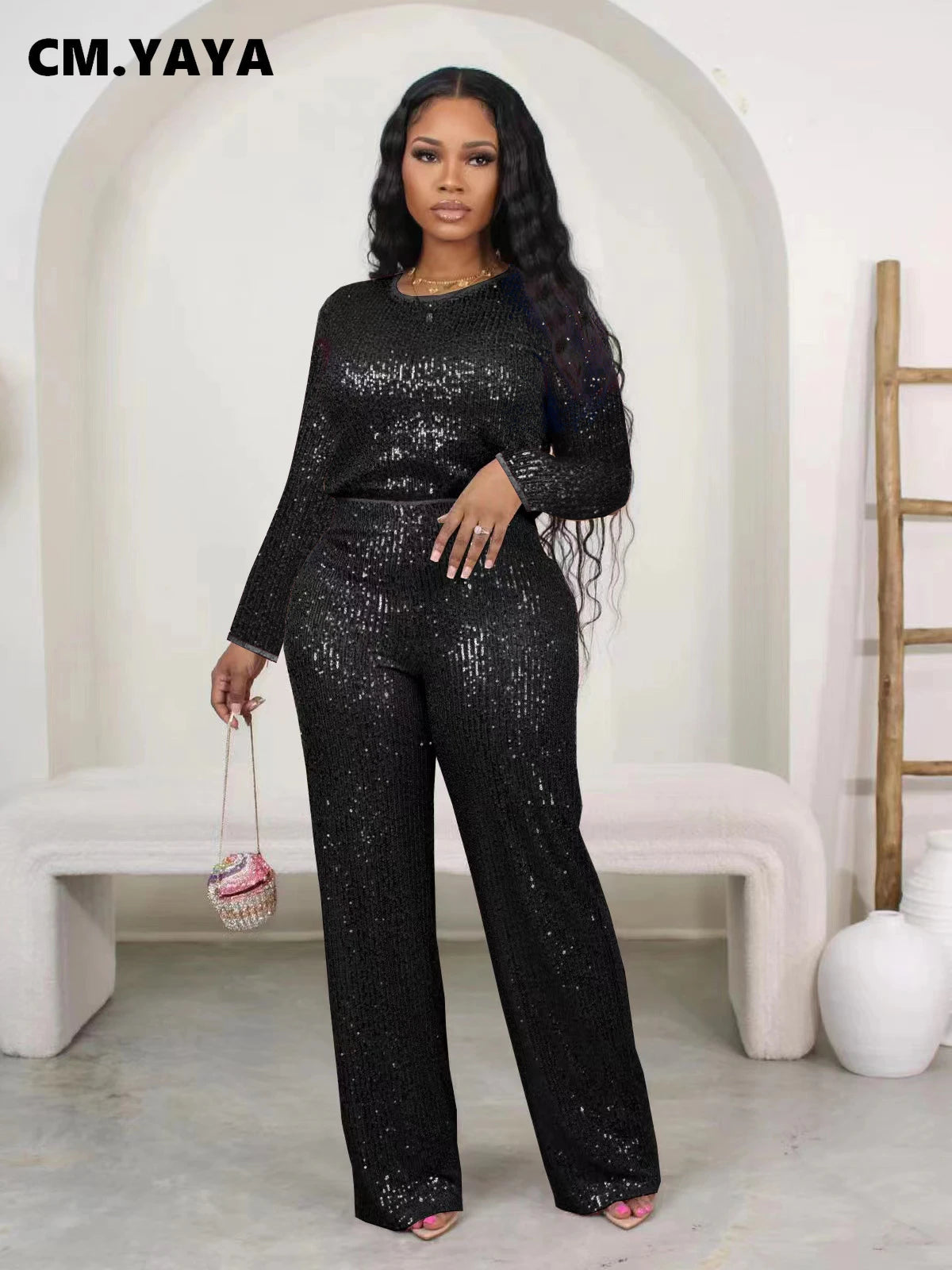 Women's Sequin Top & Wide-Leg Pants Set