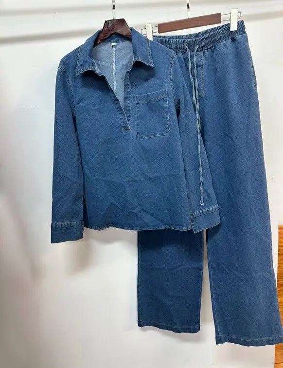 Women's Washed Denim Shirt & Wide-Leg Pants Set