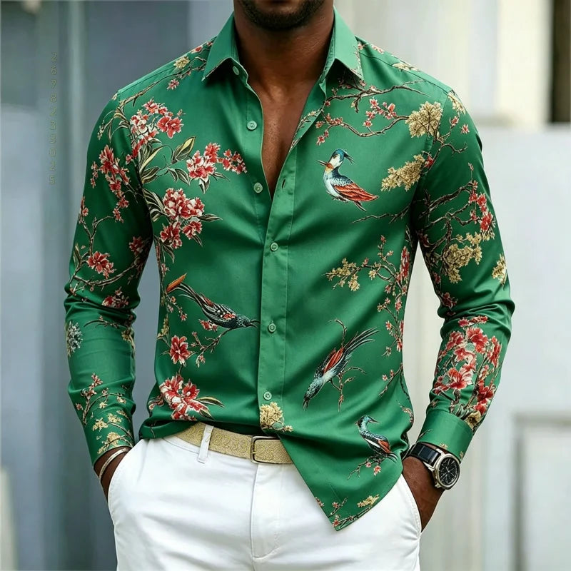 Men's Floral Print Long-Sleeve Casual Shirt
