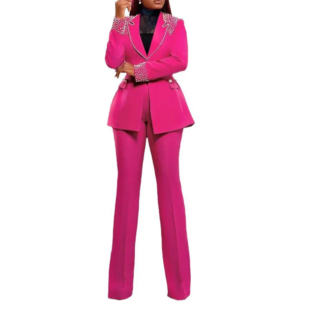 Women's Collared Blazer & High-Waisted Pants Set