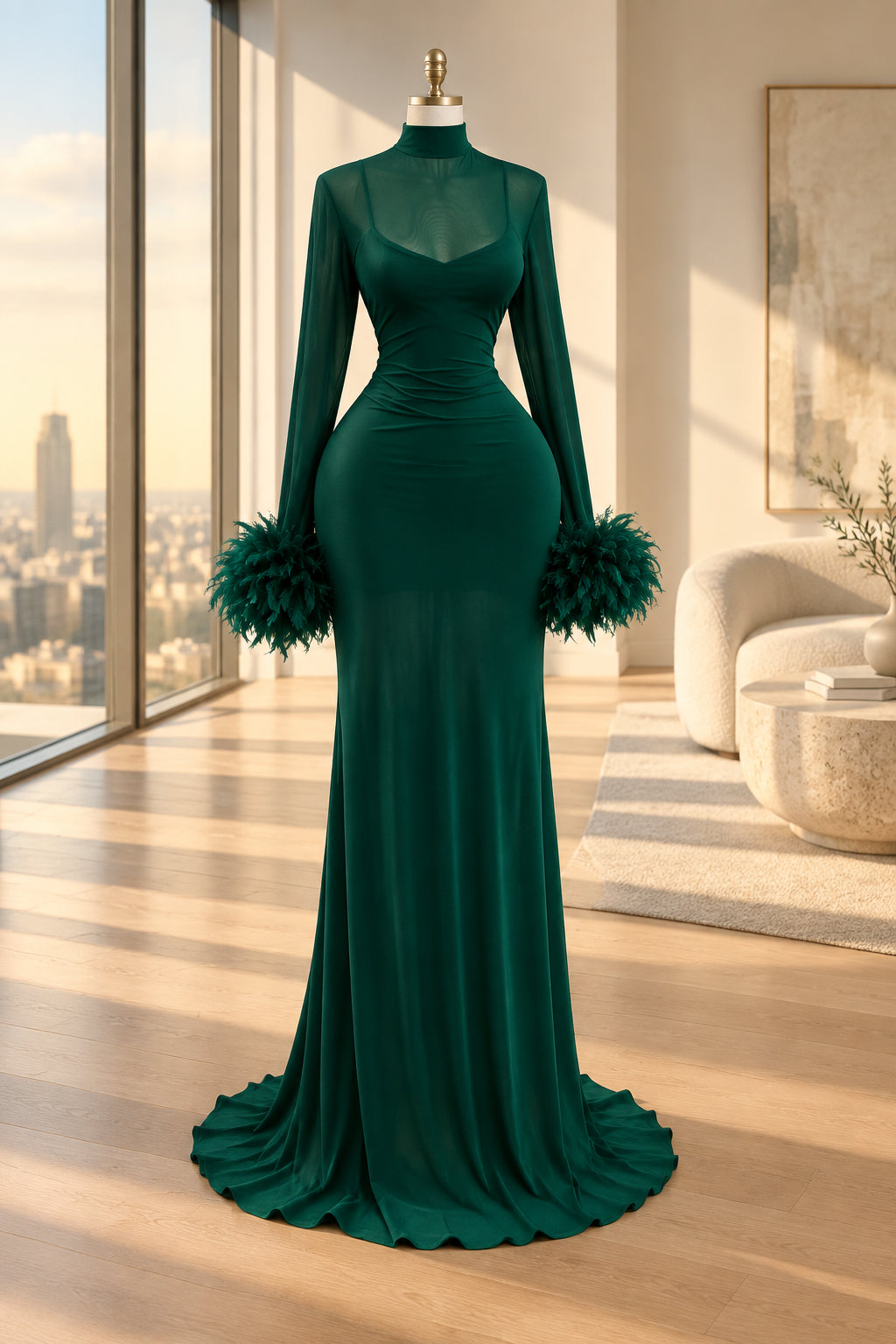 A floor-length emerald green gown displayed on a mannequin in an indoor room. The dress has long sheer sleeves, a fitted ruched bodice, a high neckline, and feathered embellishments at the cuffs.