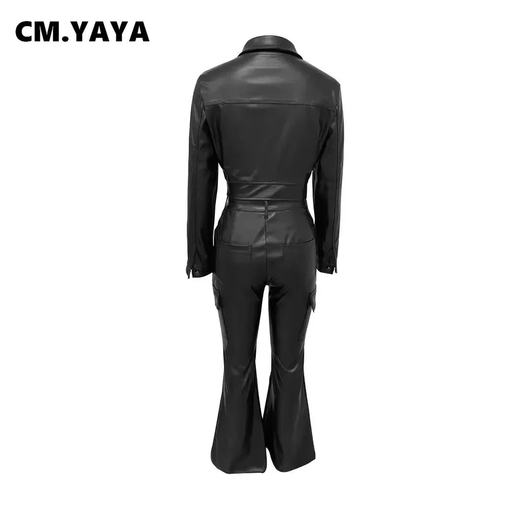 Women's Faux Leather Jacket & Flared Pants Set