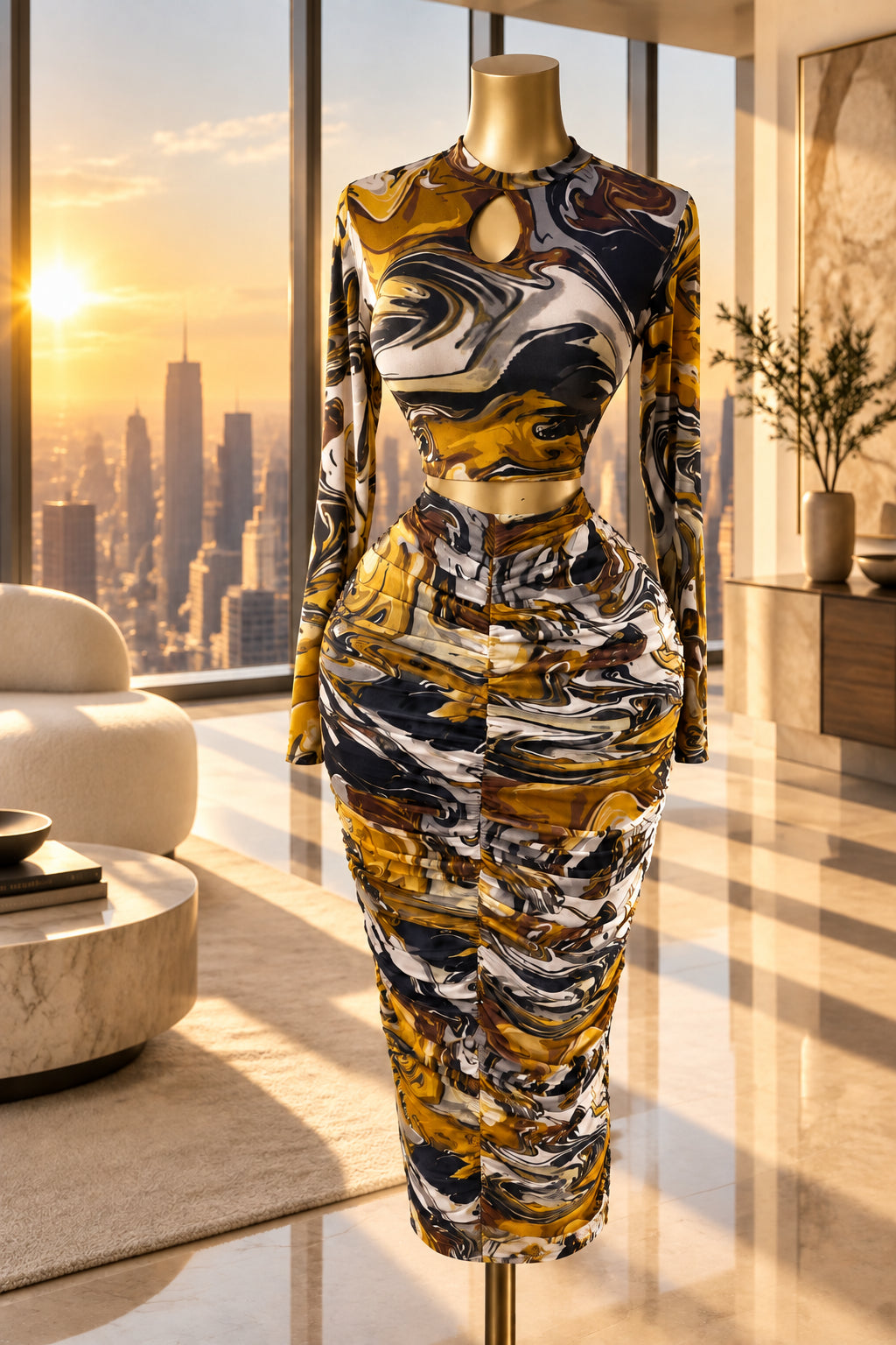 Women's Printed Cutout Ruched Maxi Dress