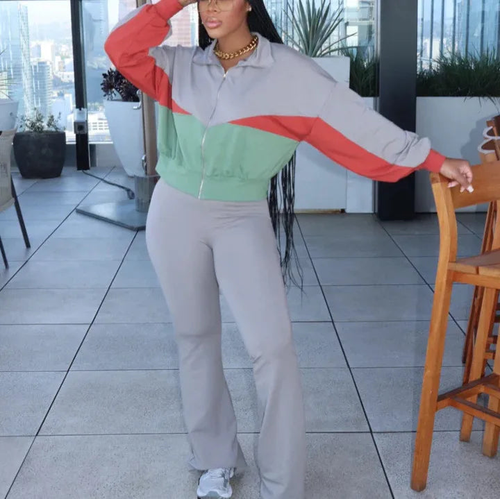 Women's Colour-Block Zip Sweatshirt & Wide-Leg Pants Set