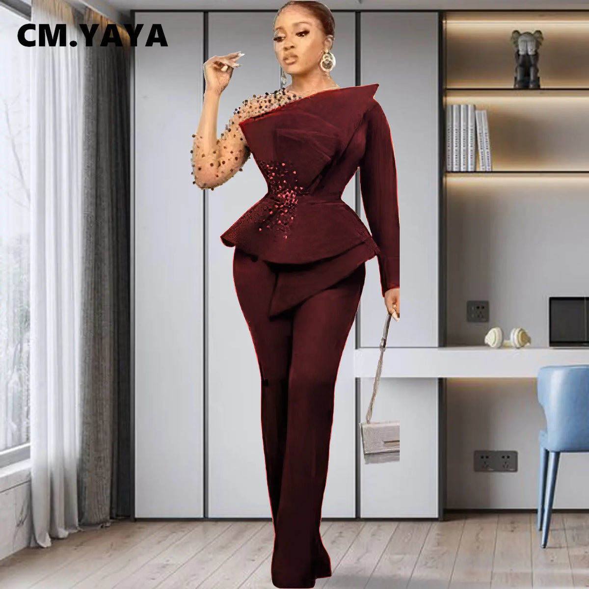 Women's Beaded Mesh Ruffle Blazer & Pants Set