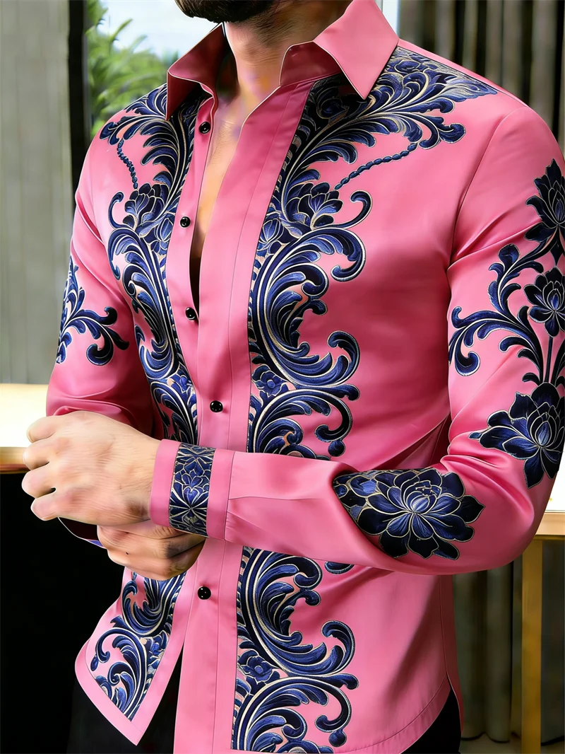 Men's Floral Print Long-Sleeve Casual Shirt
