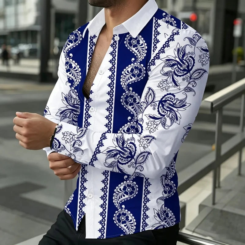 Men's Floral Print Long-Sleeve Casual Shirt