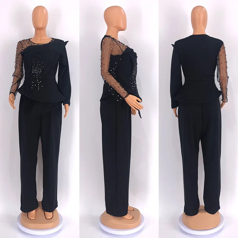 Women's Beaded Mesh Ruffle Blazer & Pants Set