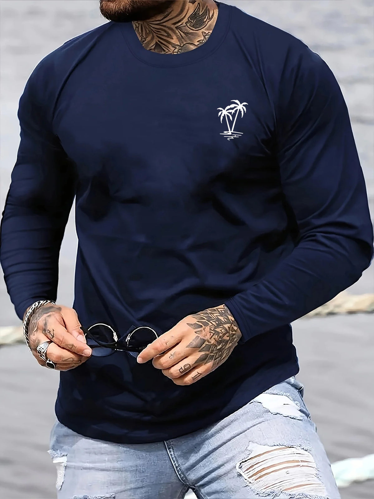 Men's Palm Tree Print Long-Sleeve Casual T-Shirt