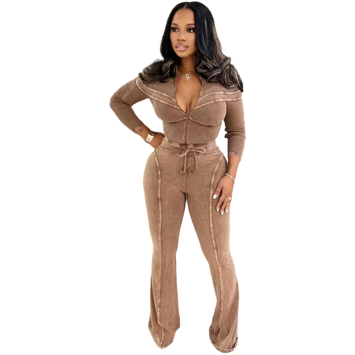 Women's Washed-Look Knit Jacket & Pants Set