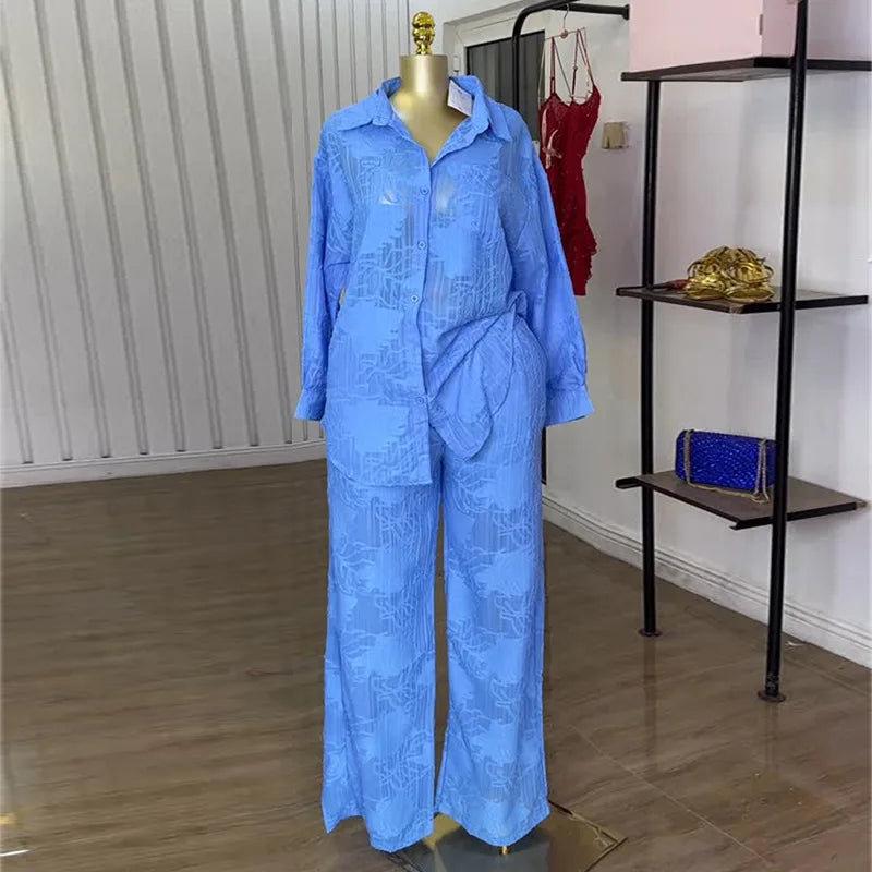 Women's Sheer Shirt & Wide-Leg Pants Set