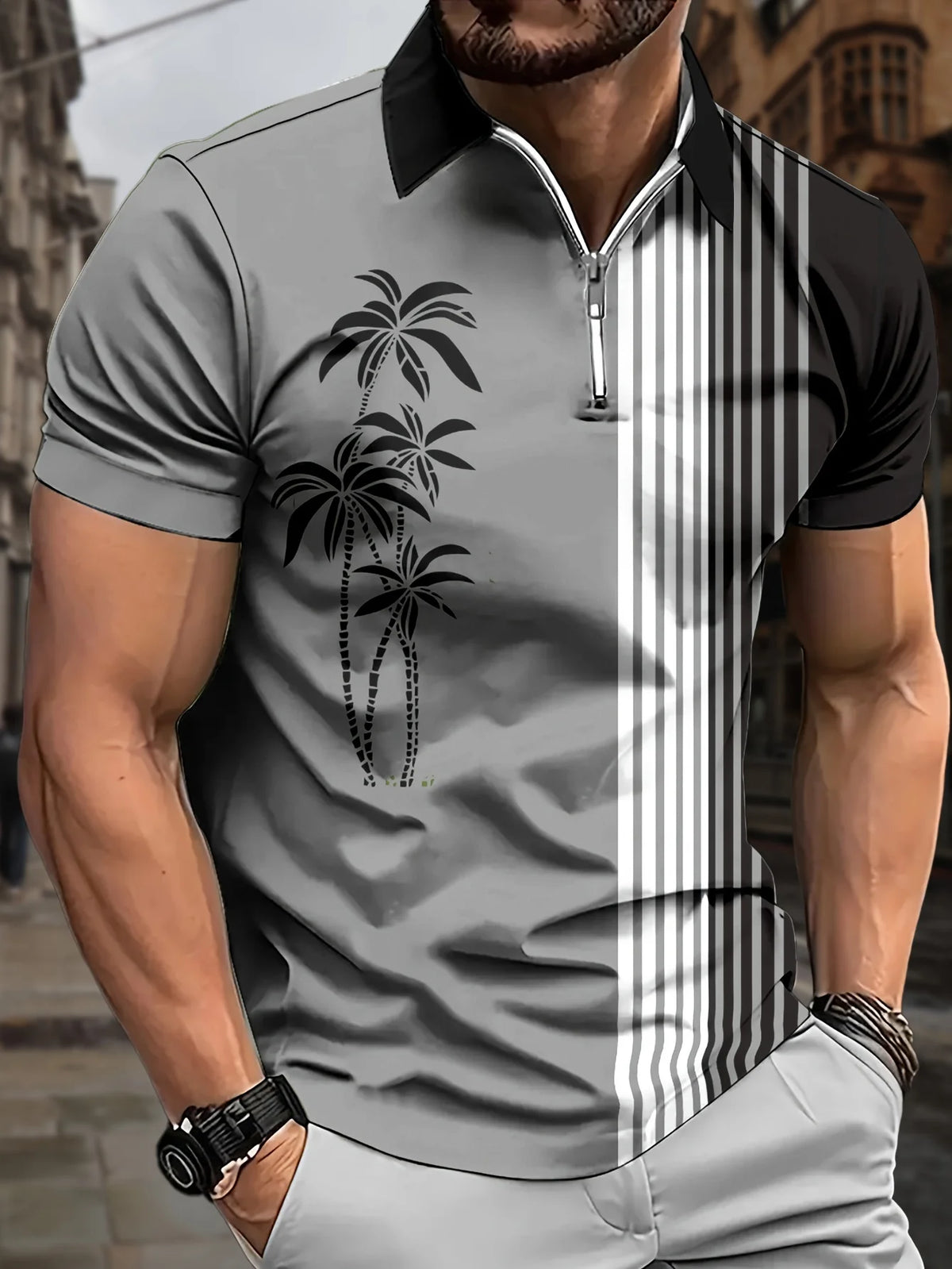 Men's Palm Tree Print Short-Sleeve Zip-Neck Polo Shirt
