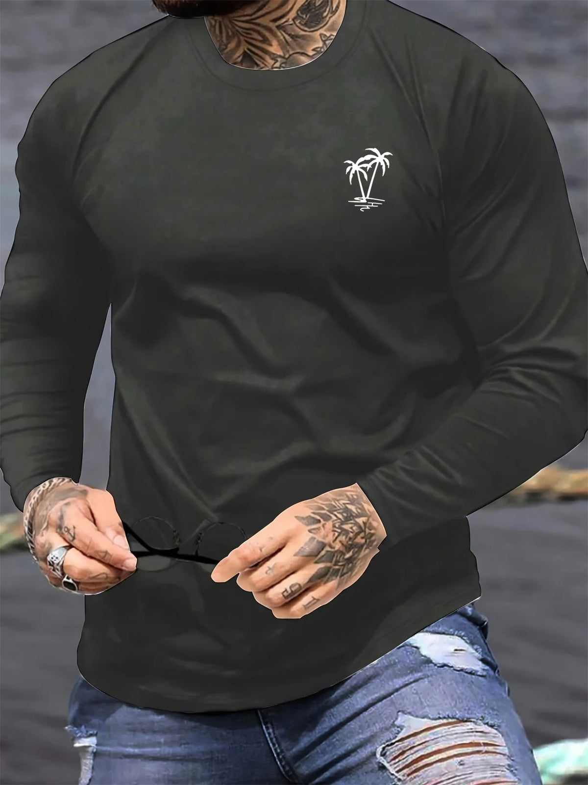 Men's Palm Tree Print Long-Sleeve Casual T-Shirt