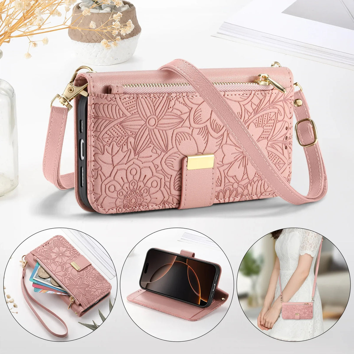 Wrist Strap Crossbody Zipper Wallet Phone Case for iPhone 17 Pro, iPhone 17 Pro Max, iPhone 14 Plus, iPhone 14 Pro Max, iPhone 13, iPhone 13 Pro, iPhone 13 Pro Max, iPhone 12, iPhone 16 Pro, iPhone 12 Pro Max, iPhone 17 & More Models