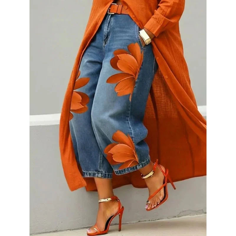 Women's Printed High-Waist Wide-Leg Jeans — product view