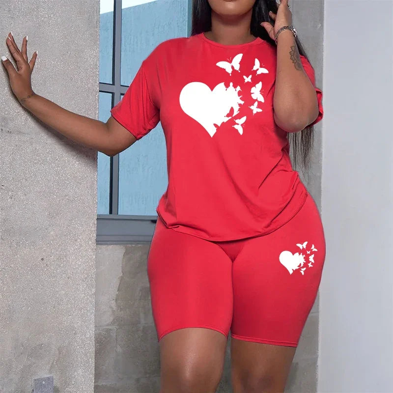 Women's Heart Print Top & Shorts Set