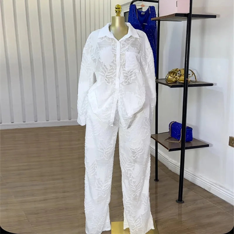 Women's Sheer Shirt & Wide-Leg Pants Set