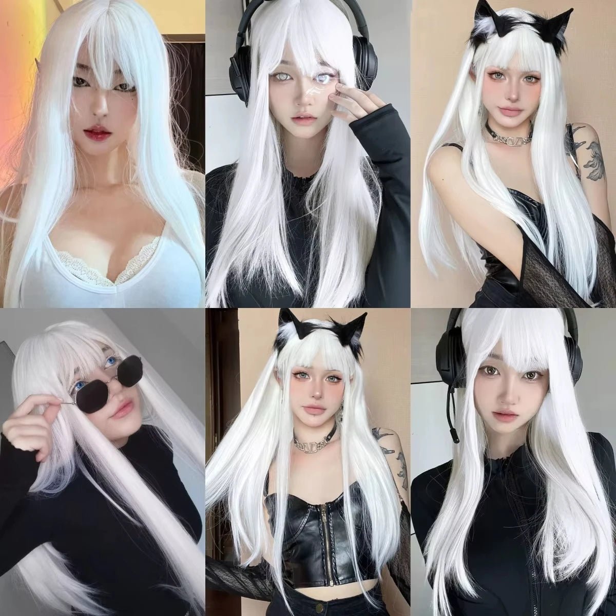 White Long Straight Synthetic Wig Colorful Cosplay Party Fake Hair - OSASCO