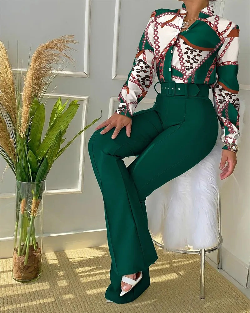 Women's Printed Belted Shirt & Trouser Set