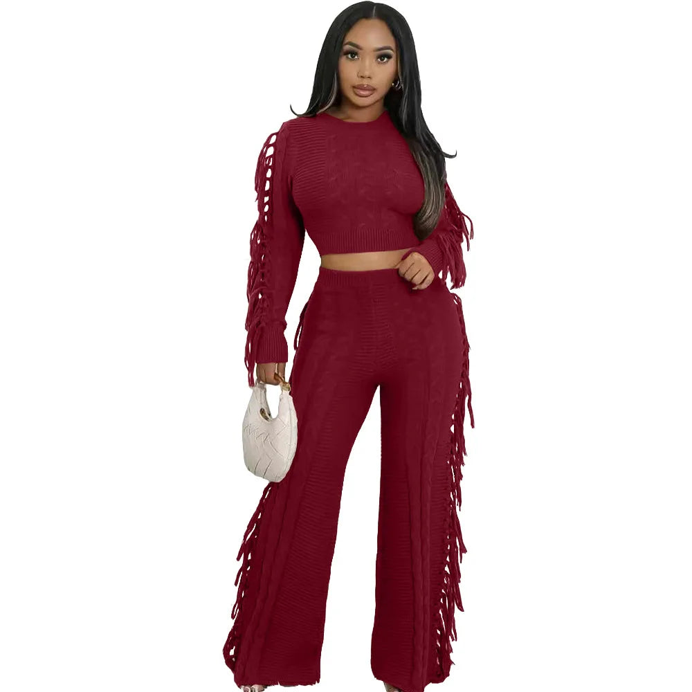 Women's Tassel Knit Sweater & Pants Set