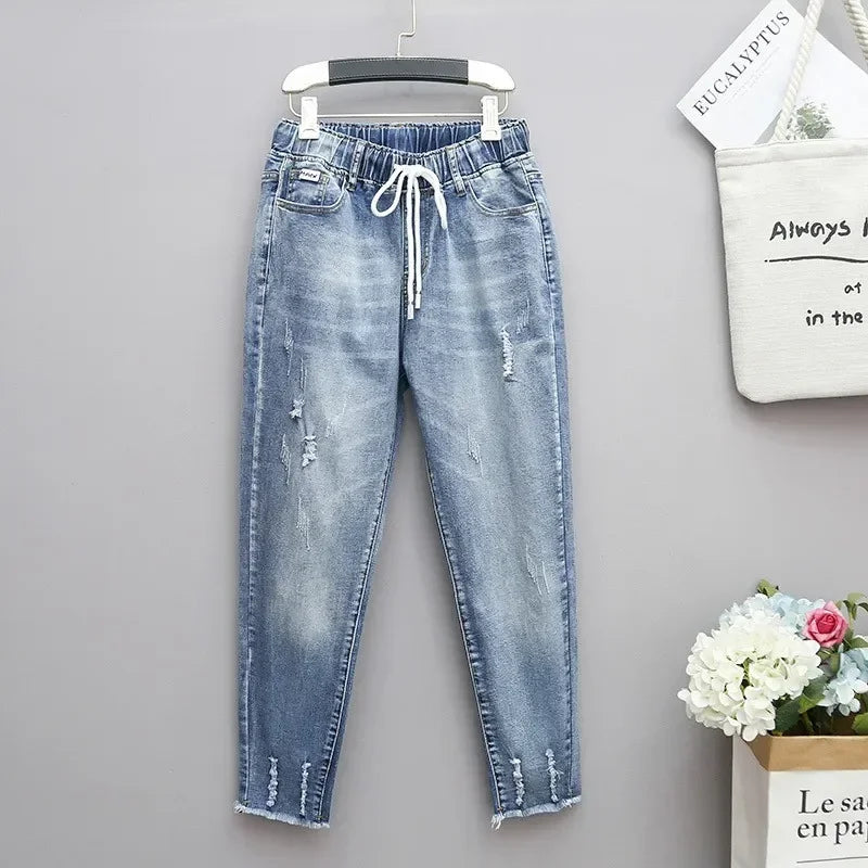 Women's Plus-Size Elastic-Waist Ripped Jeans — product view