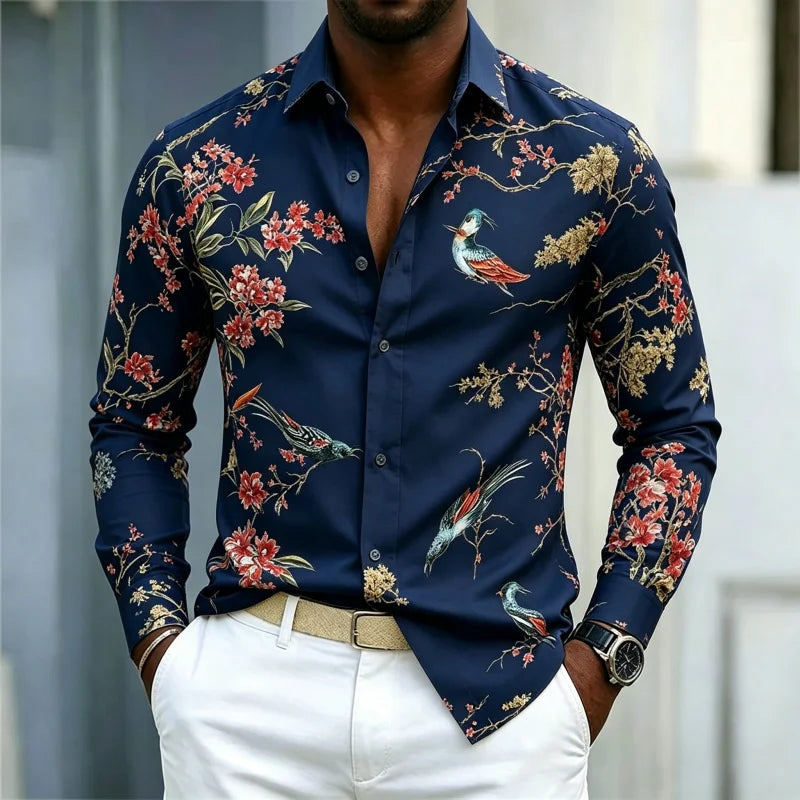 Men's Floral Print Long-Sleeve Casual Shirt