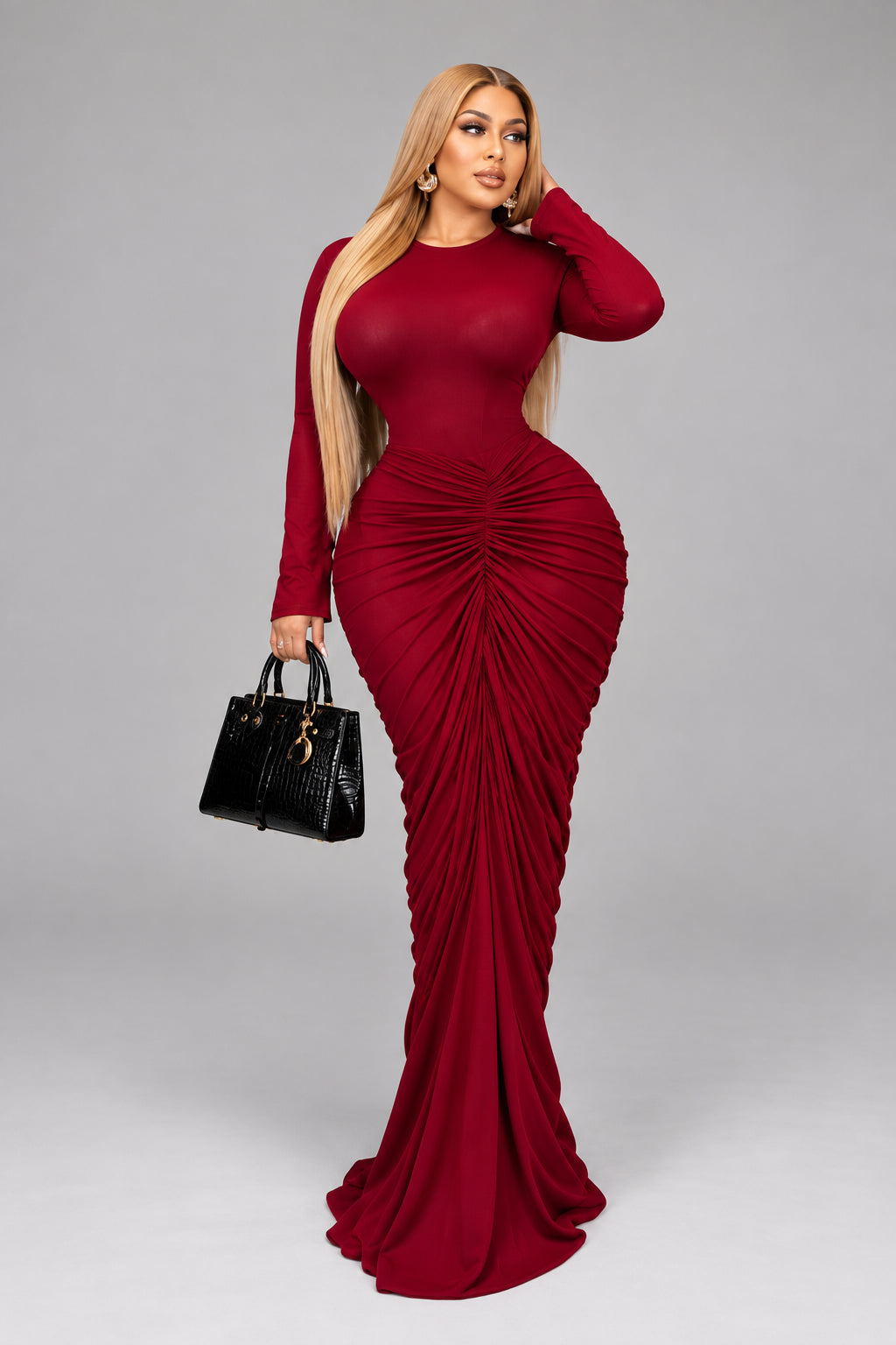 Women's Ruched Long-Sleeve Bodycon Maxi Dress