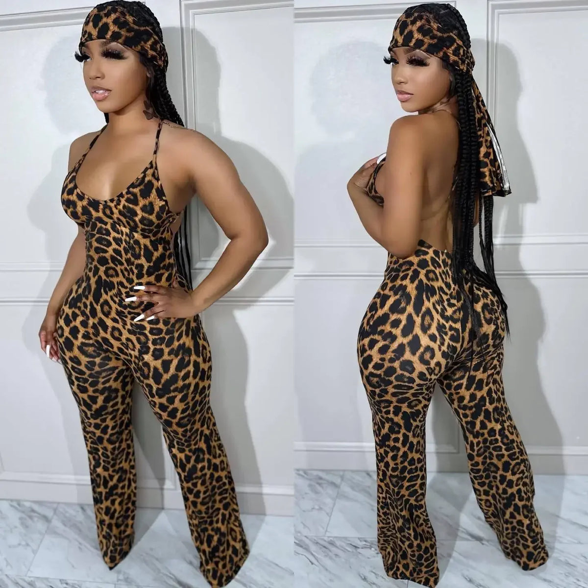Women's Leopard-Print Strappy Jumpsuit with Scarf