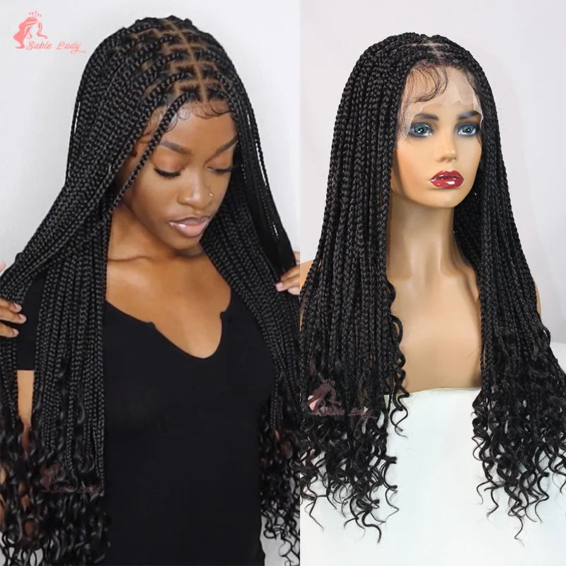 Synthetic Knotless Box Braided Wig French Curly Full Lace Braids Hair - OSASCO