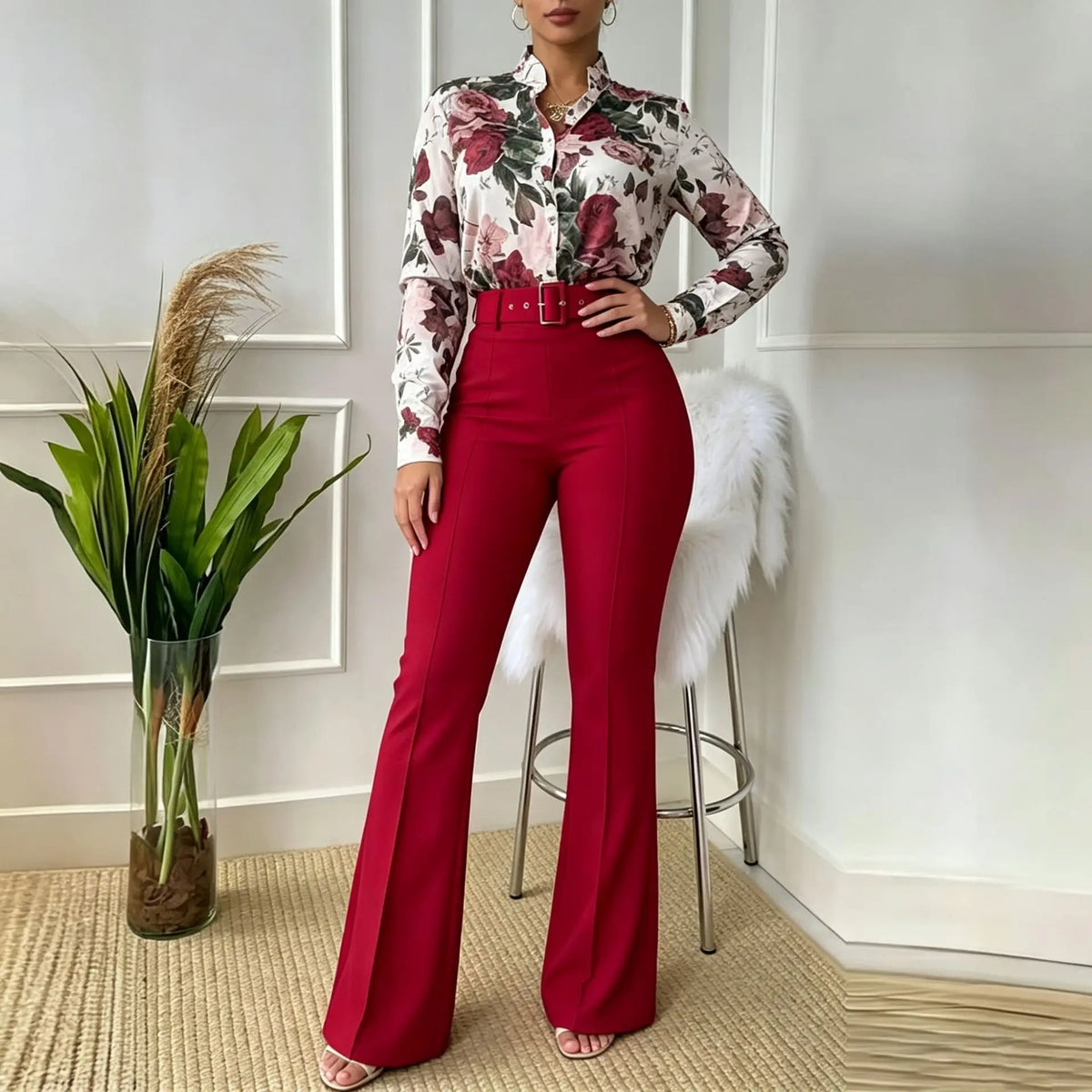 Women's Printed Stand-Collar Shirt & Straight-Leg Pants Set