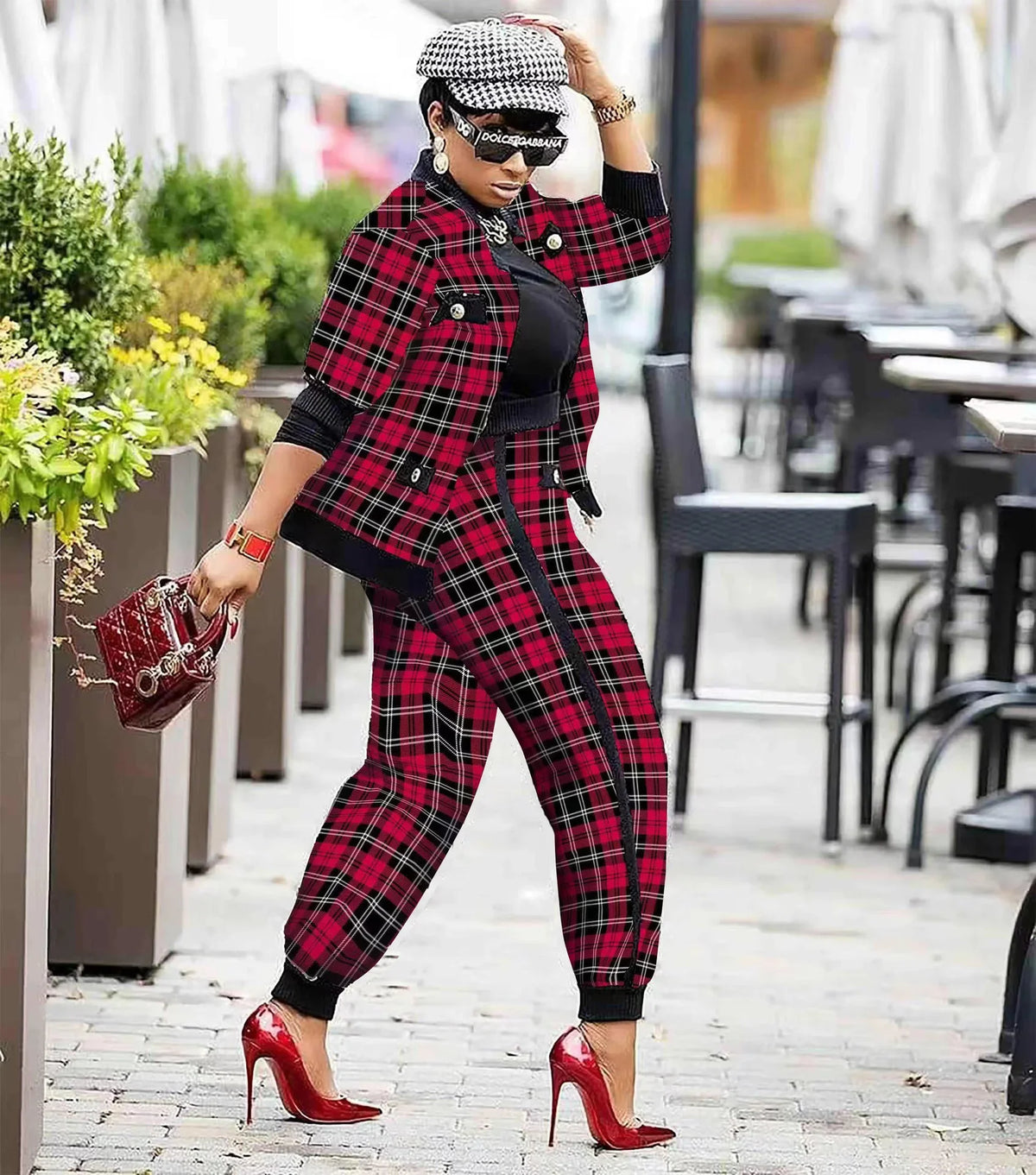 Women's Houndstooth Patchwork Jacket & Pants Set