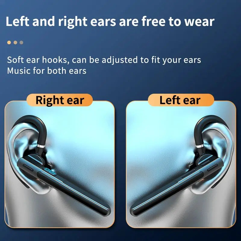 Promotional graphic for wireless earbuds showing two inset close-ups labeled 'Right ear' and 'Left ear' on a dark blue background with explanatory text about free wear and adjustable ear hooks.