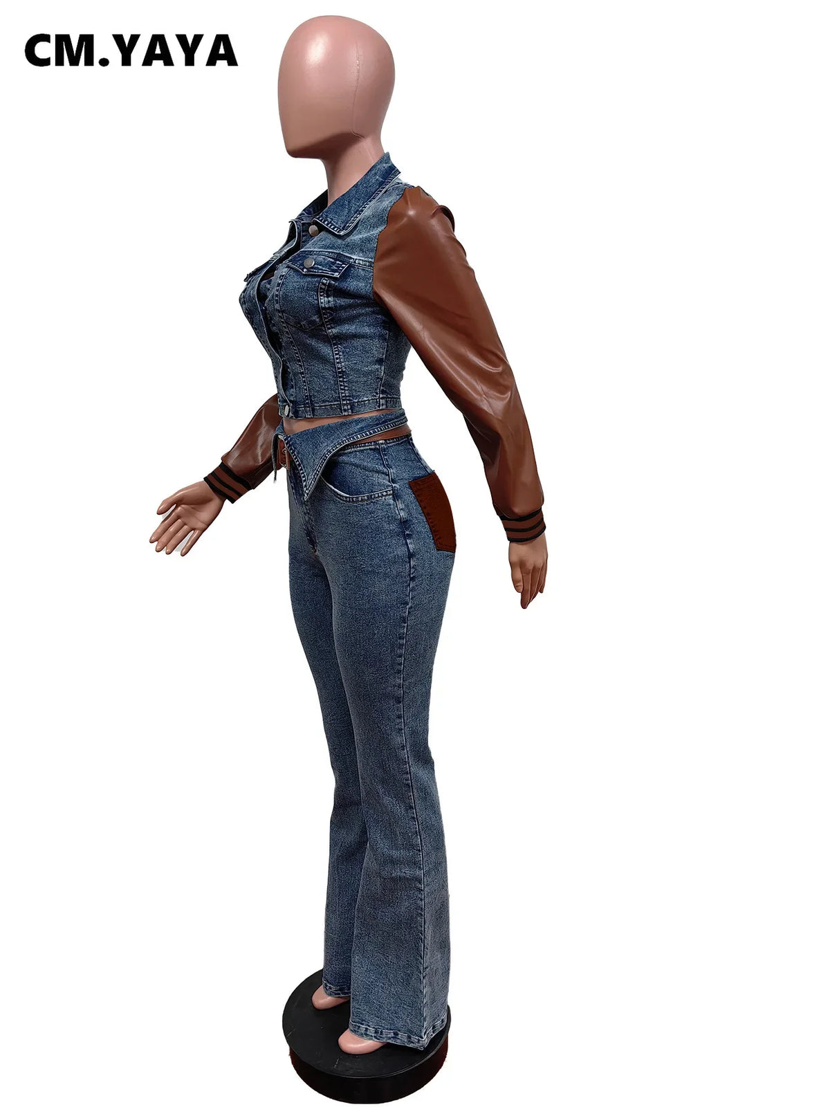 Women's Denim & Faux Leather Jacket & Jeans Set