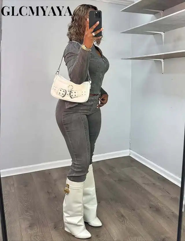 Women's Zip-Up Denim Top & Pants Set