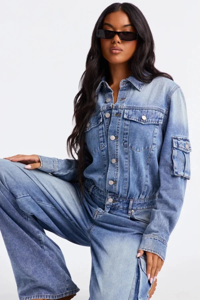 Women's Multi-Pocket Straight-Leg Denim Jumpsuit