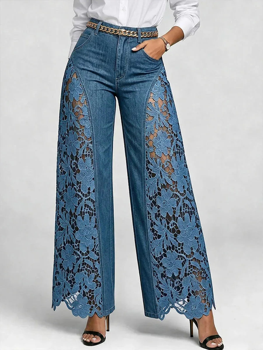 Women's Lace-Detail High-Waist Wide-Leg Jeans — product view