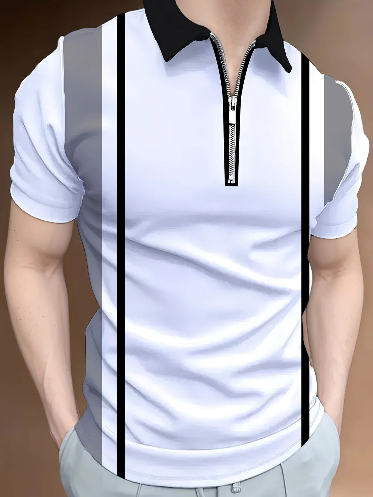Men's Striped Zip-Neck Polo Shirt