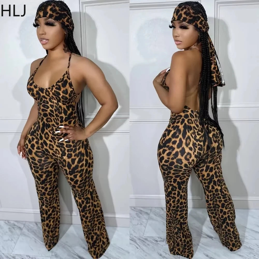Women's Leopard-Print Strappy Jumpsuit with Scarf