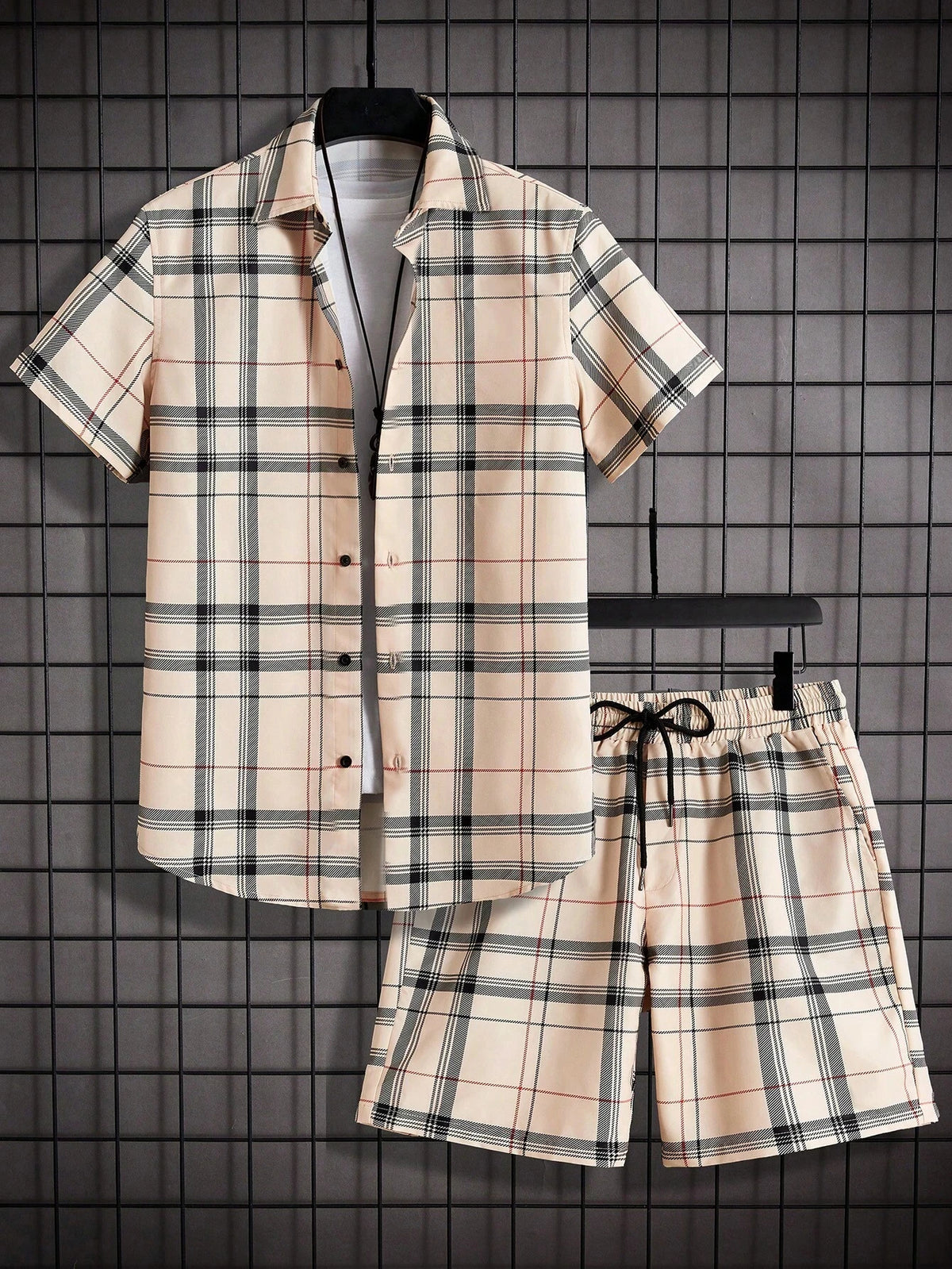 Men's Check Print Top & Shorts Set