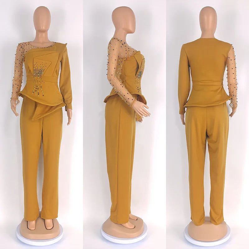 Women's Beaded Mesh Top & Wide-Leg Pants Set