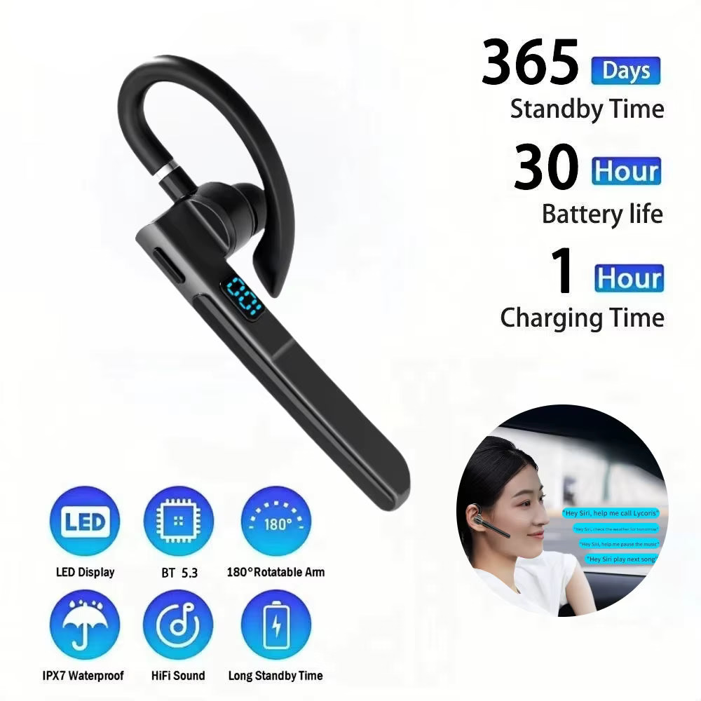 Black KEBIDU wireless earpiece headset with a digital LED display, shown on a white background with feature icons and text highlighting 365 days standby time, 30 hour battery life, 1 hour charging time, and IP67 waterproofing. A circular inset shows a woman wearing the headset in a car.