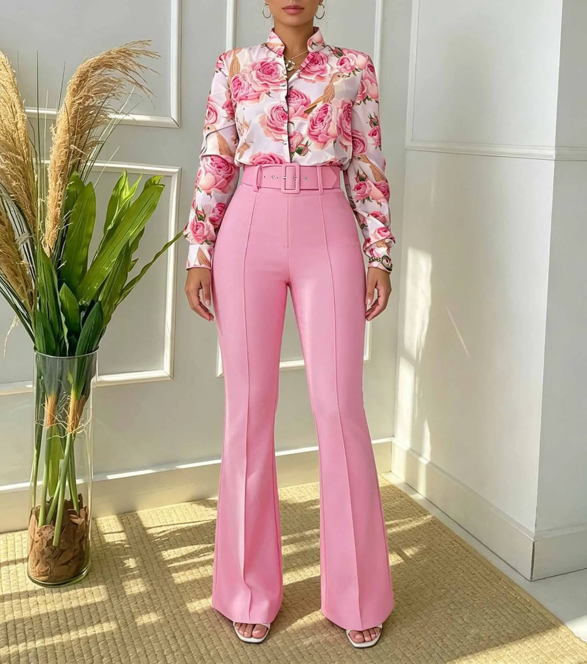 Women's Printed Stand-Collar Shirt & Straight-Leg Pants Set