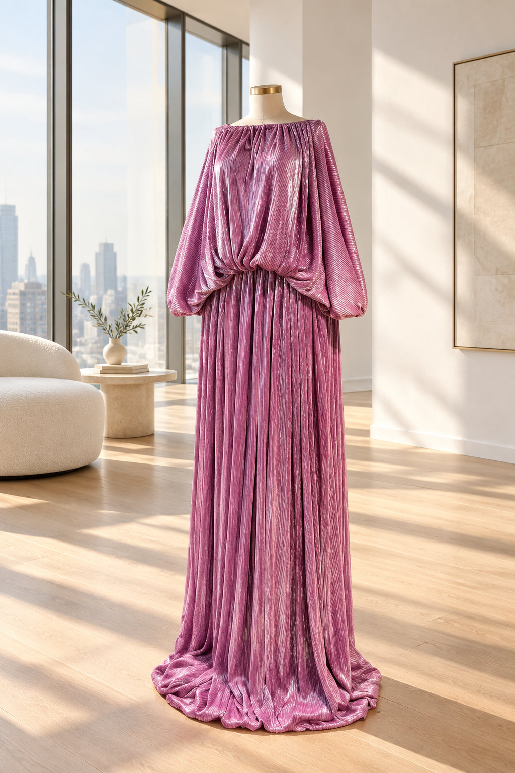 Women's Shiny Batwing-Sleeve Pleated Maxi Dress
