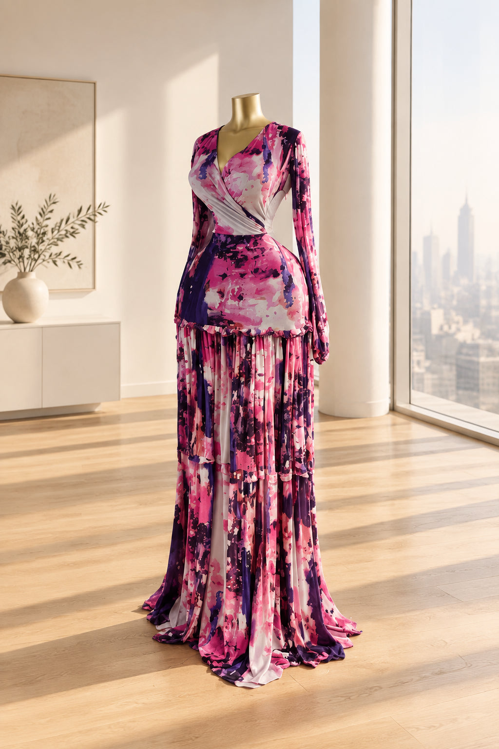 A long-sleeve maxi dress displayed on a mannequin in an indoor showroom. The dress has a vibrant abstract watercolor print in pink, purple, blue, and white.