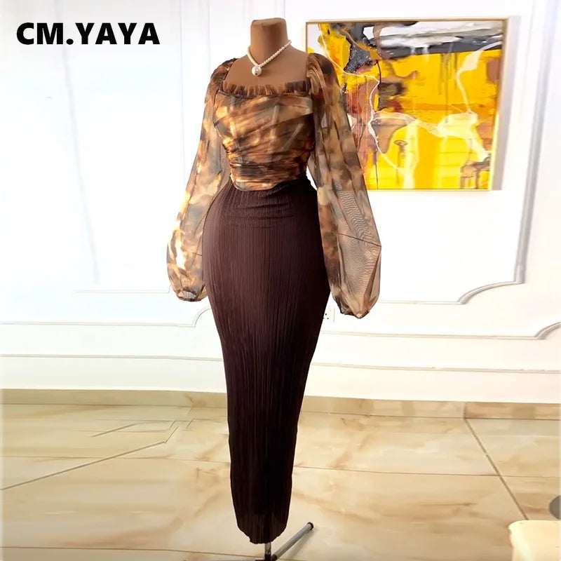Women's Printed Mesh Top & Maxi Skirt Set