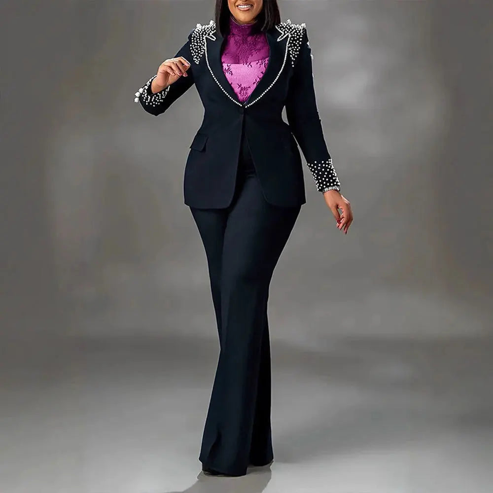 Women's Collared Blazer & High-Waisted Pants Set